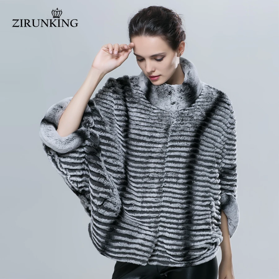 ZIRUNKING-Chaqueta de piel auténtica de conejo para mujer, abrigo de piel auténtica de Color Chinchilla, ajustado de lujo, manga de murciélago, gran