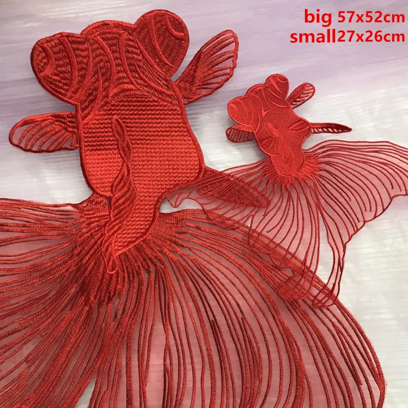 High quality organza embroidery red goldfish patch with super large fish cloth stickers children DIY decoration patches applique