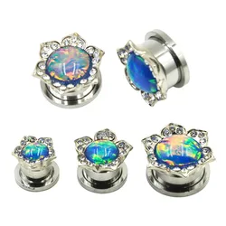 2pcs Charming Flower Opal Gem Ear Flesh Tunnel Screw Fit Ear Plugs Expander Piercing Gauge Body Jewelry