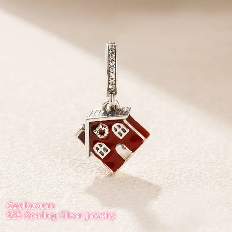 

winter 925 Sterling Silver Cosy Christmas House Dangle Charm, Clear CZ & Red Enamel Fit Original Pandora Charms Bracelet