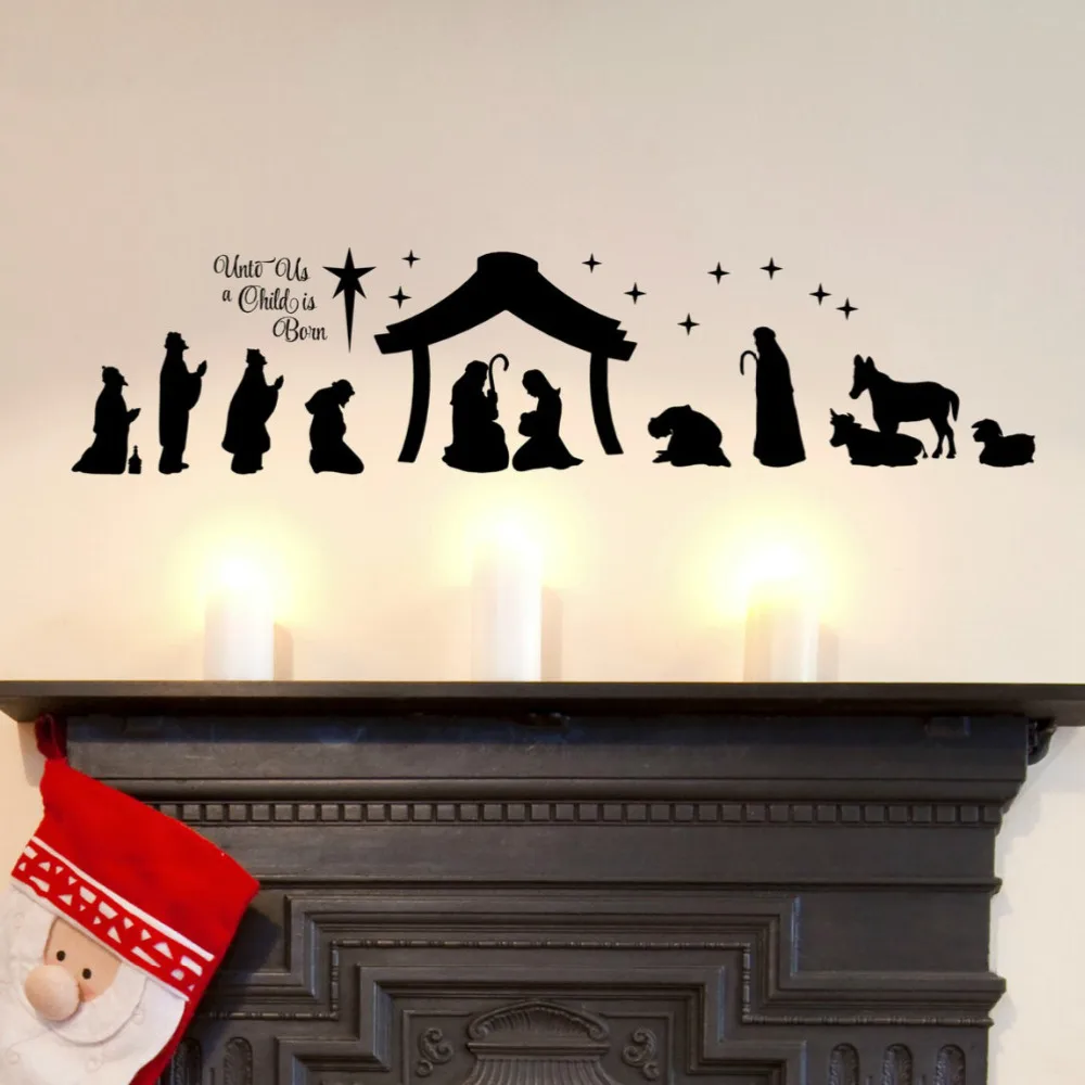 Large Christmas Nativity Scene Wall Stickers Unto Us a Child is Born Nativity Vinyl Wall Decal - Christian Decor Mural A296