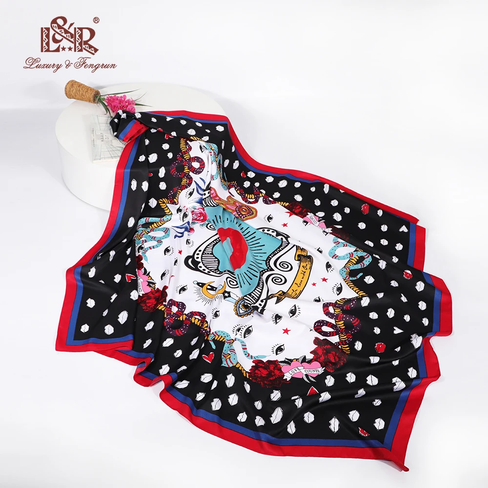 120CM Square Silk Scarf For Women Bandana Satin Silk Scarf Print Big Mouth Women Scarves Women Hijab Headscarf Foulard Femme