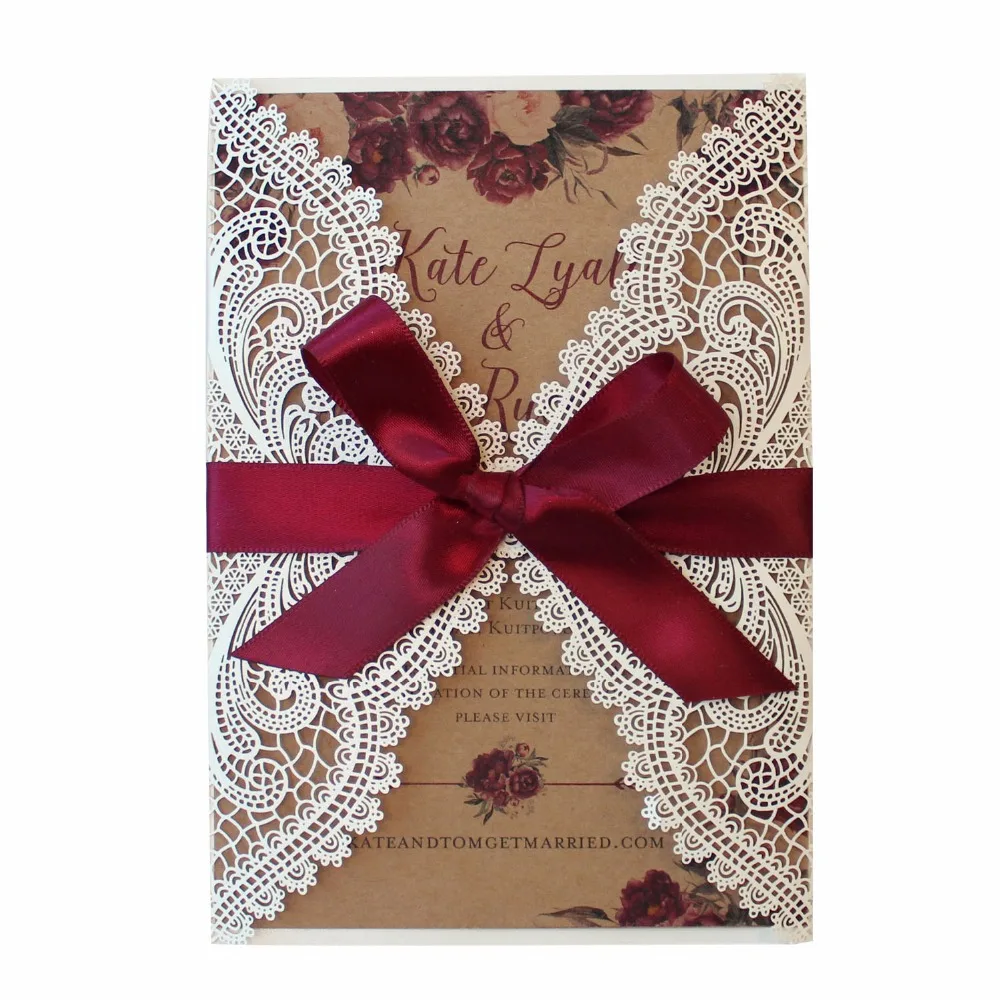 Vintage Wedding Invitations Kraft Paper Invitations Elegant Wedding Invitation With Burgundy Ribbon Bow - Set of 50 pcs