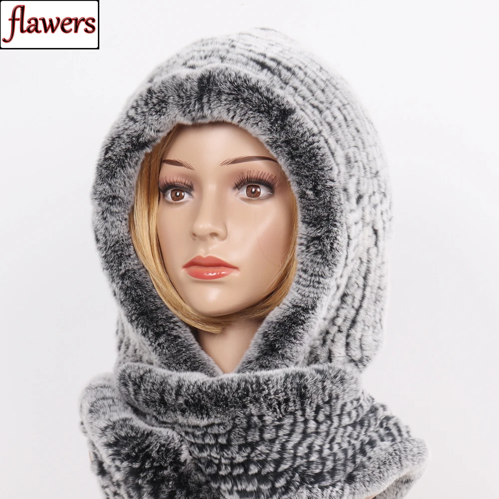 2024 New Winter Women Real Fur Hat+Scarves Female Knitted Natural Rex Rabbit Fur Hooded Scarves Warm Knit Genuine Fur Caps Scarf