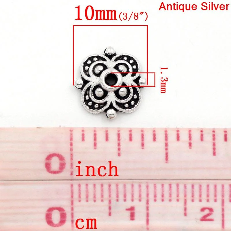 Doreen Box Lovely Bead Caps Flower Silver Color(Fits 12mm-14mm Beads) 10x10mm,Hole:Approx 1.3mm,100PCs (B25971)