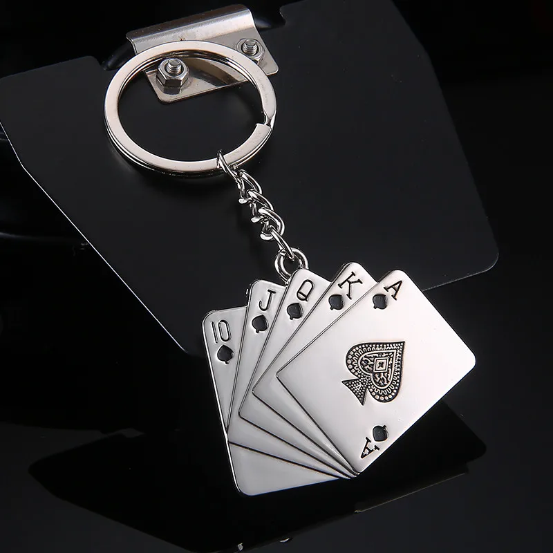 High quality Metal Poker Cards With Key Chain Ring Poker Club Accessory Men Poker ACE Key Chains Llavero Poker Chips Keychain