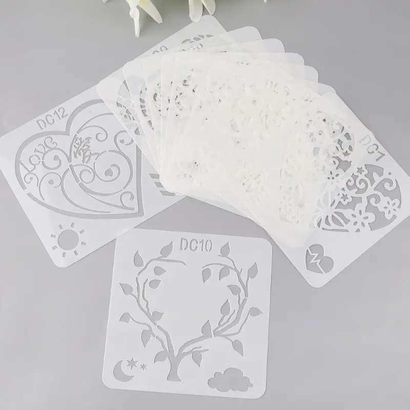 12Pcs Flower Heart Drawing Molds Plastic Children Painting Stencils DIY Paper Art Craft Card Label Scrapbook Bookmark Education