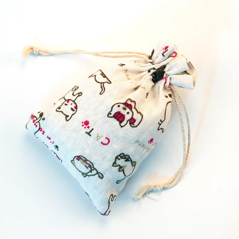 

Hot sale 10*14cm (100pcs/lot) Printing lovely cat pattern Linen Jute Drawstring Gift Bags Sacks Wedding Birthday Party Gift Bags