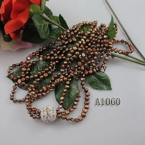 Brown Color Baroque Freshwater Pearl Necklace 3 Rows AA 6-8MM Real Pearl Jewellery Fashion Woman's Necklace Party Birthday Gift