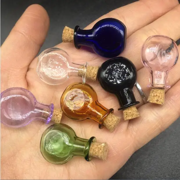 

Magical lucky flat round colorful Wishing Bottle little charm vial Pendant Perfume essential oil Cork Glass Hand-Blown Necklace