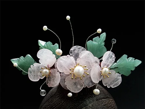 Pink Crystal Petal Dong Ling Jade Leaf Middle Top Hair Pins Pinchcock Costume Hanfu Hair Accessory Hairpins for Women