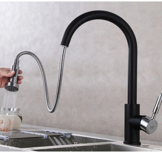 

Hot and cold water pull out black color kitchen mixer faucet