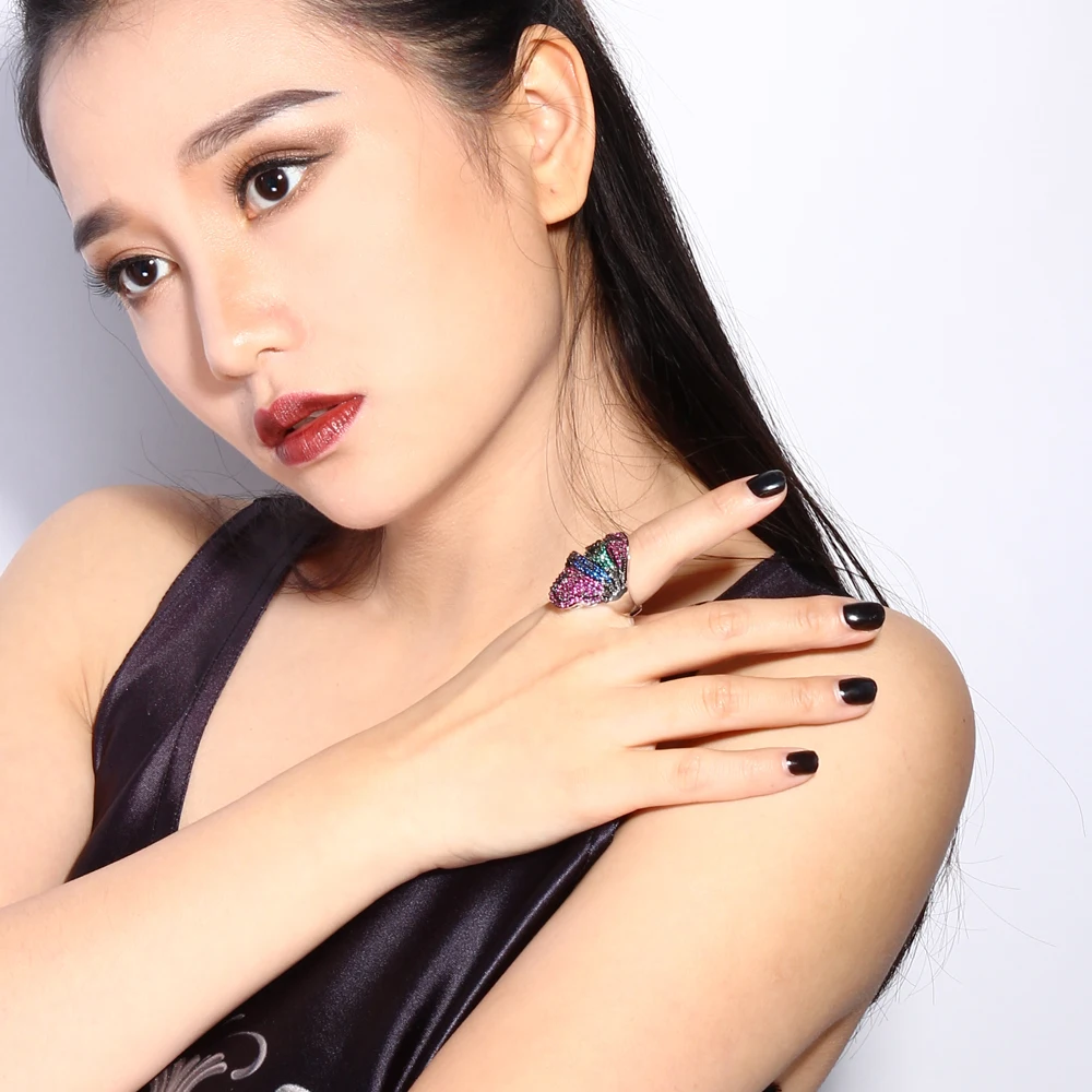 Summer New Black Mix White Maple leaves ring pave Bling  color crystal stones fast delivery brass jewelry women ring