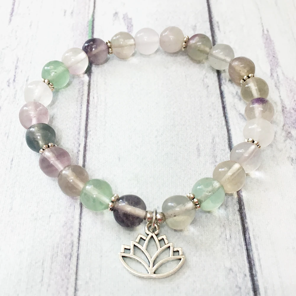 MG0497 8 mm Natural Rainbow Fluorite Bracelet Women`s Lotus Charm Energy Bracelet High Quality Courage & Resilience Jewelry