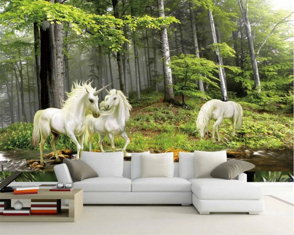 Beibehang 3d wallpaper Forest background wall painting landscape painting white horse unicorn photo wallpaper 3d papel de parede