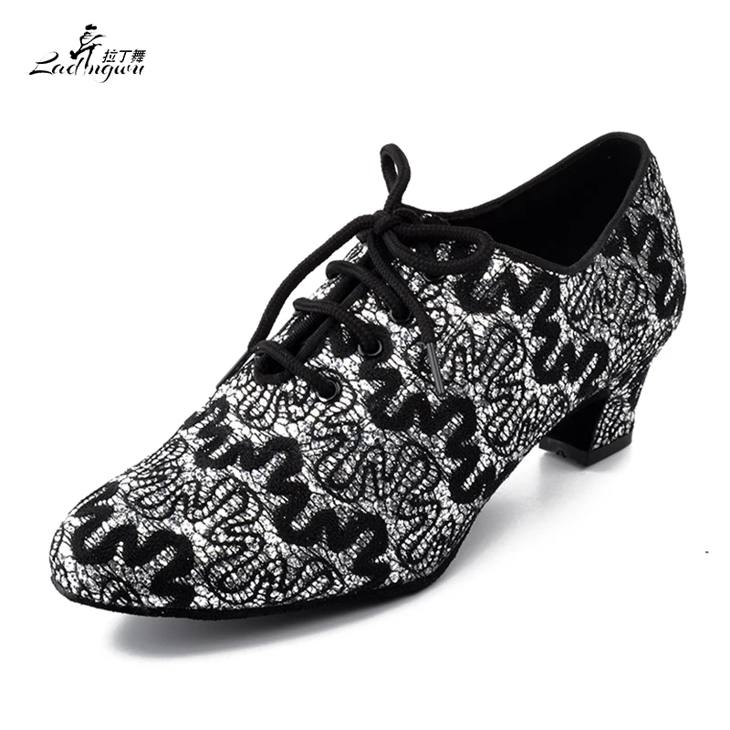 Ladingwu New Lace Low Heels Black Shoes For Women Closed Toe Jazz Samba Teachers Dance Shoes Ballroom Salsa Latin Dance Shoes