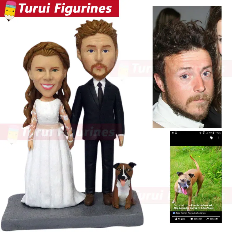 Custom Suit Bobbleheads from Photo wedding cake topper with dog pet custom animal bobble head from people photos little clay dol