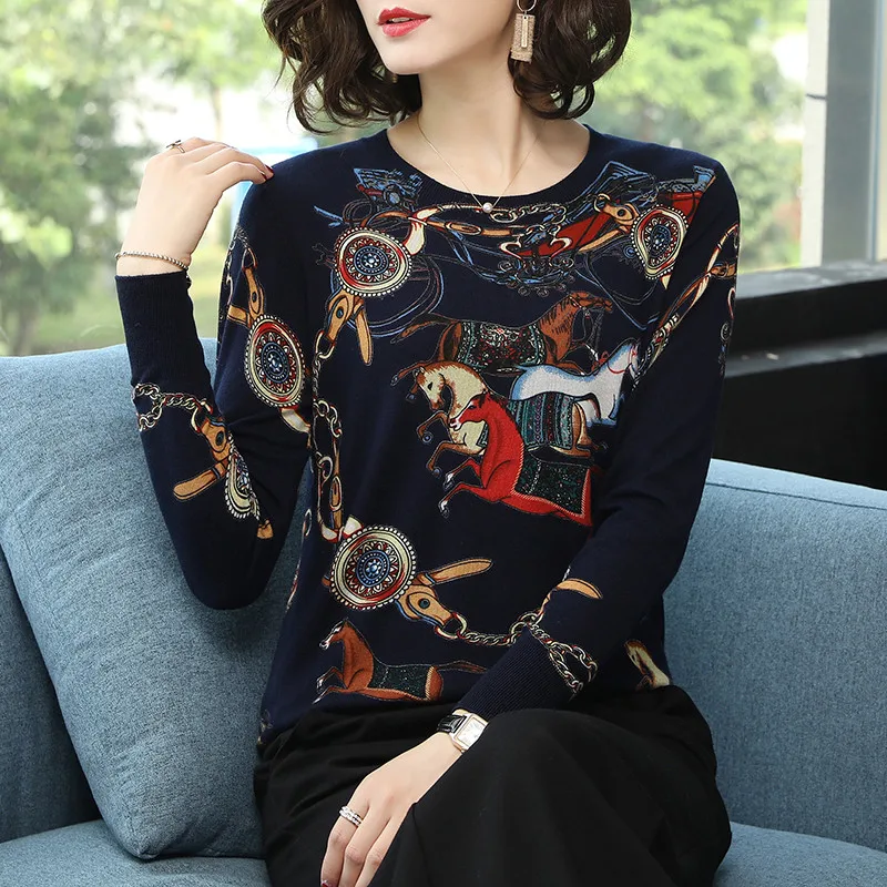 2024 high quality Spring Autumn Sweater Loose Knitted Color Sweater horse Women printing Pullover O-Neck Sweater female