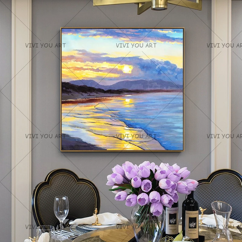 Beach Sunset Sky Clouds Sand Nature Sea Ocean Waves 100% Handmade Wall Paintings On Canvas Oil Painting Wall Painting No Frame