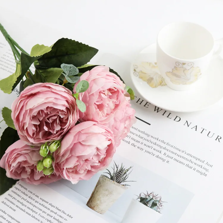 1 Bundle Silk Pfingstrose Bouquet Hause Dekoration Zubehör Hochzeit Sammelalbum Gefälschte Pflanzen Diy Pompons Künstliche Rosen Blumen – Detail 13