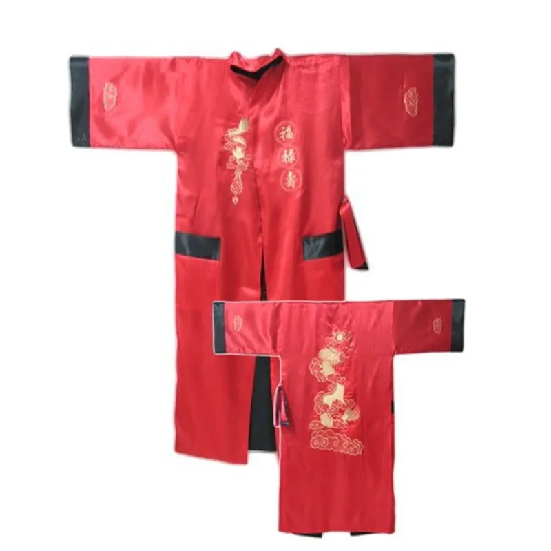 Groen Zwart Omkeerbare Chinese Mannen Borduren Kimono Satin Silk Two-Face Robe Bad Gown Dragon One Size S3002