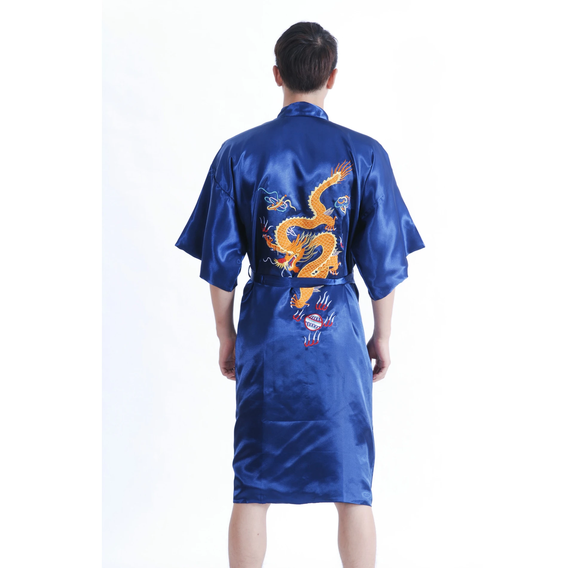 Chinese Style Embroider Dragon Bathrobe Men\'s Silk Satin Dressing Gown Robe Male Sleepwear With Belt S M L XL XXL XXXL