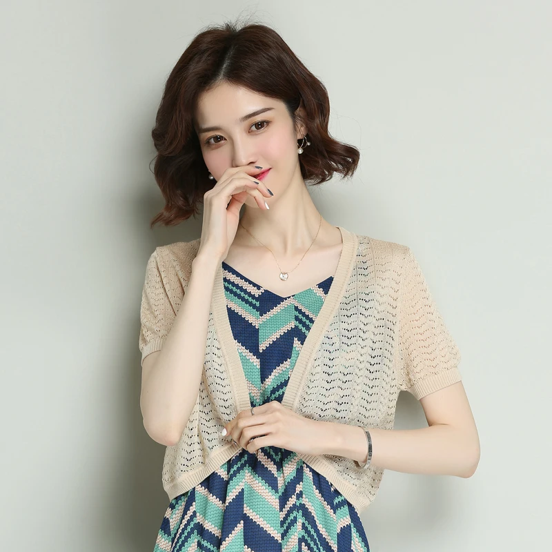 

Women Summer Silk Knitwear Elegant Hollow Out Thin Knit Cardigan Thin Knit Outwear Short Sleeve