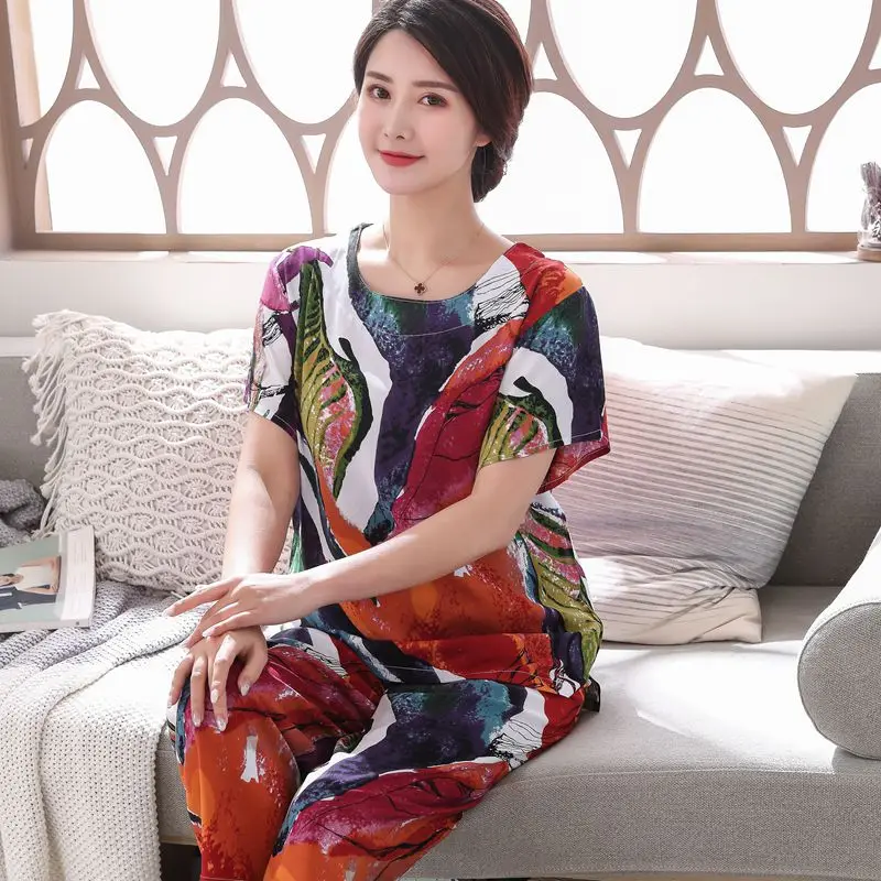 2PC Women Cotton Pajamas Set Summer New Thin Floral Short Sleeve Loose Sleepwear Casual Homewear Female Pyjamas Wholesale