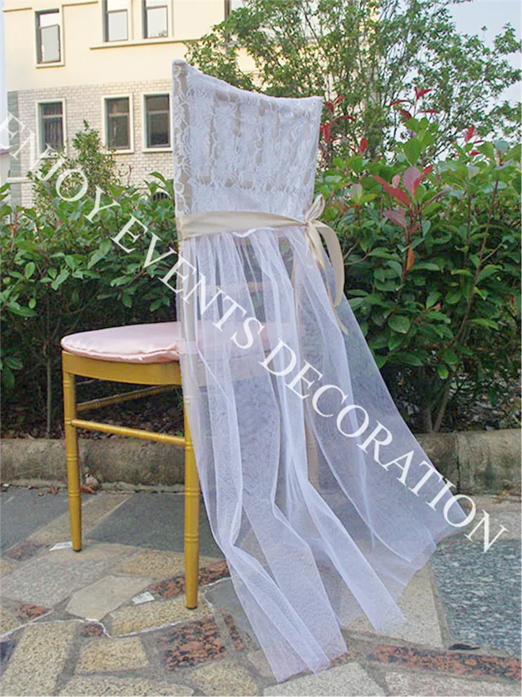 

20pcs YHC#110 elegant lace chiavari chair back cover with pleats tulle skirt for chair decor