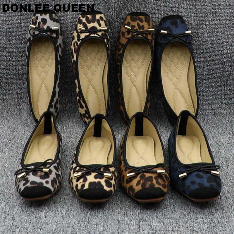 DONLEE QUEEN Women Flats Leopard Square Toe Bow Tie Ballet Shoes Leisure Slip On Ladies Flat Comfortable Footwear Moccasins Shoe