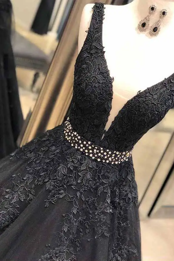 Vestido longo preto com perolização, vestido de baile com decote em v, Apliques de tule, renda, árabe saudita, vestido, 2022