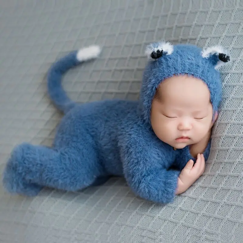 

Lovely Newborn Footed Romper Fuzzy Baby Photo Outft Knitted Newborn Fox Hat Baby Animal Onesie Photography Props Boy Bodysuit