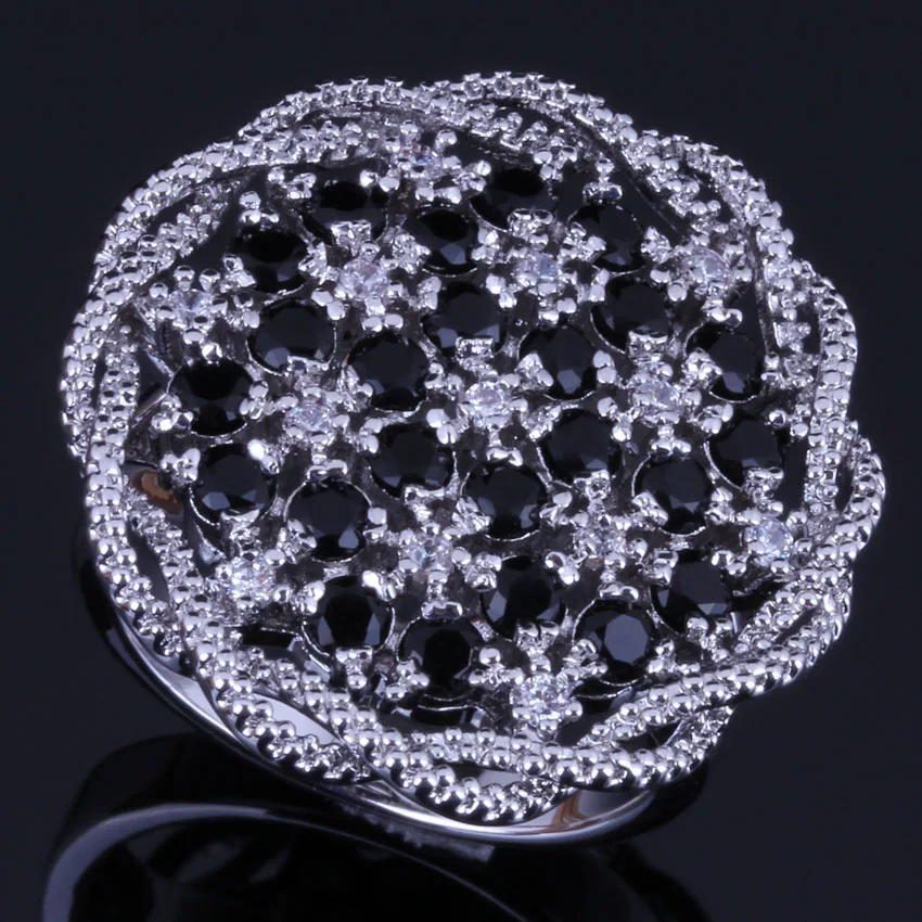 Absorbing Big Flower Black Cubic Zirconia White CZ Silver Plated Ring V0521