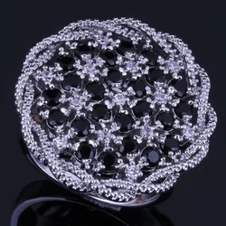 Absorbing Big Flower Black Cubic Zirconia White CZ Silver Plated Ring V0521