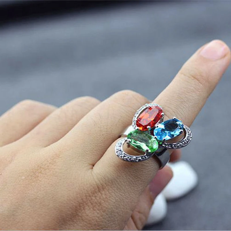 SHUNXUNZE خواتم الزفاف خمر مجوهرات للنساء النبيلة التحالف أخضر أحمر أزرق مكعب زركونيا الروديوم مطلي R333 حجم 6 7 8 9