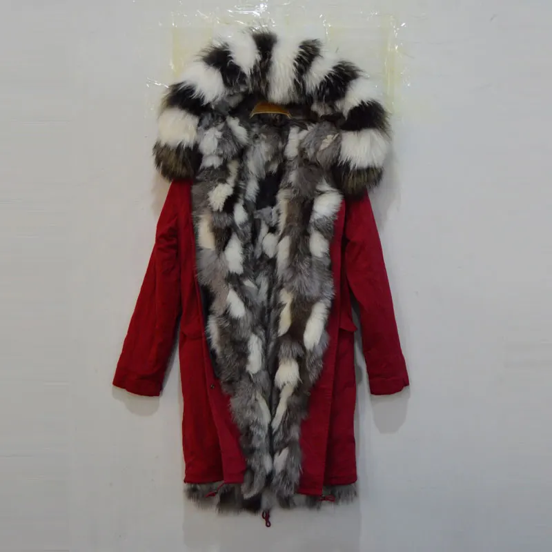 Black&White Gradual Change Fox Fur Parka, Long Fox Fur Parka Mr And Mrs Red Parka Wear