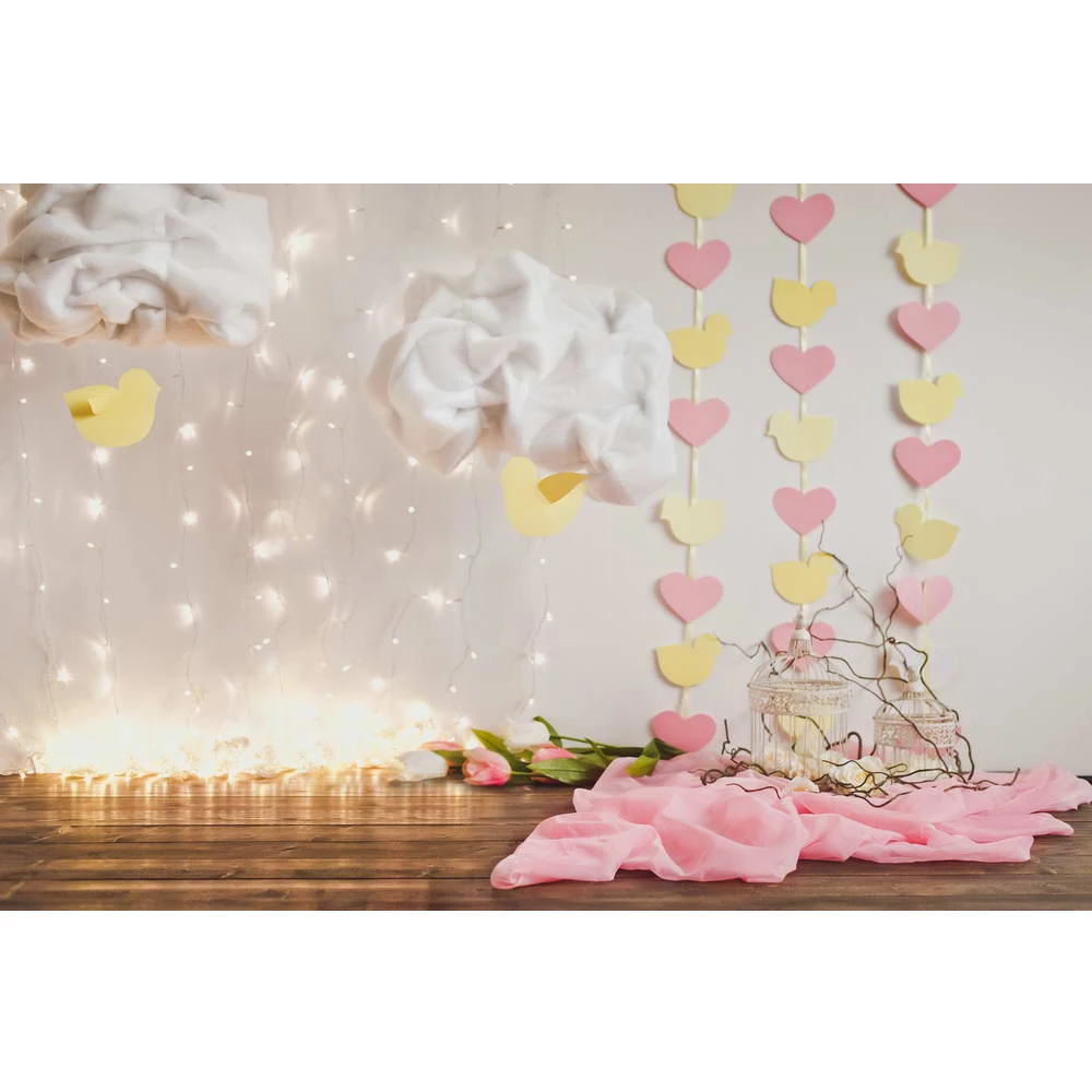 

Newborn Baby Shower Photography Backdrop Wood Floor Printed Hanging Clouds Glitters Paper Cut Hearts Birds Kids Photo Background