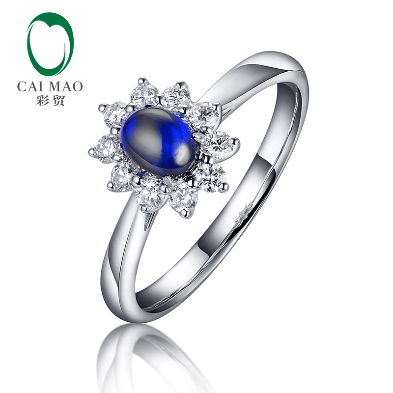 Caimao Cabochon Cut Natural Blue Sapphire 14kt White Gold Halo Diamond Vintage Engagement Ring for Women