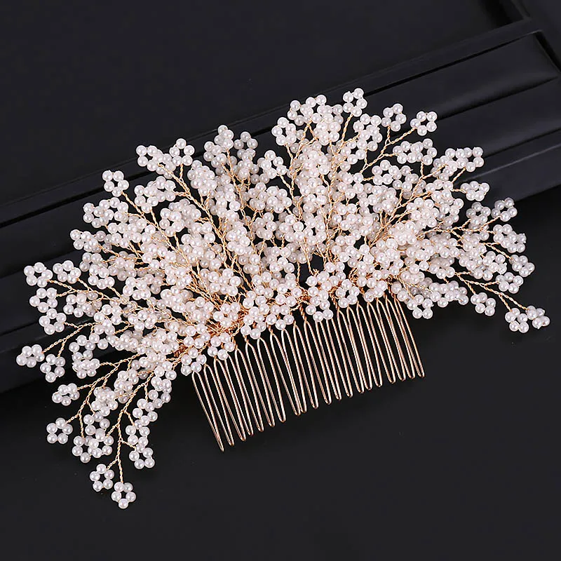 Handmade Flower Crystal Pearl Noiva Hair Combs Bridal Wedding Hair Accessories Headband with Comb Bride Tiara Head Jewelry