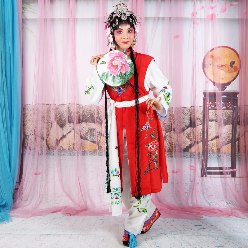 Opera Outfit Jacket + Pants + Waist coat +Waist scarf Girl servant Peking opera stage costume lady flower embroidered long suits