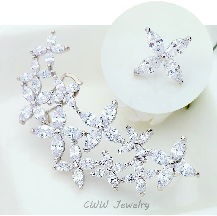 CWWZircons Design Right And Left Asymmetric Design New Fashion Brand Big Cubic Zirconia Ear Cuff Flower Earrings for Women CZ294