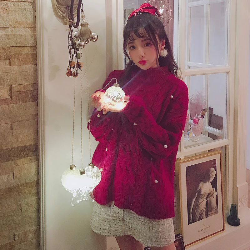 

Princess sweet lolita sweater Bobon21 Christmas Girls Heart Big Pearls Decorated with Twisted Half-high-collar Sweater T1708