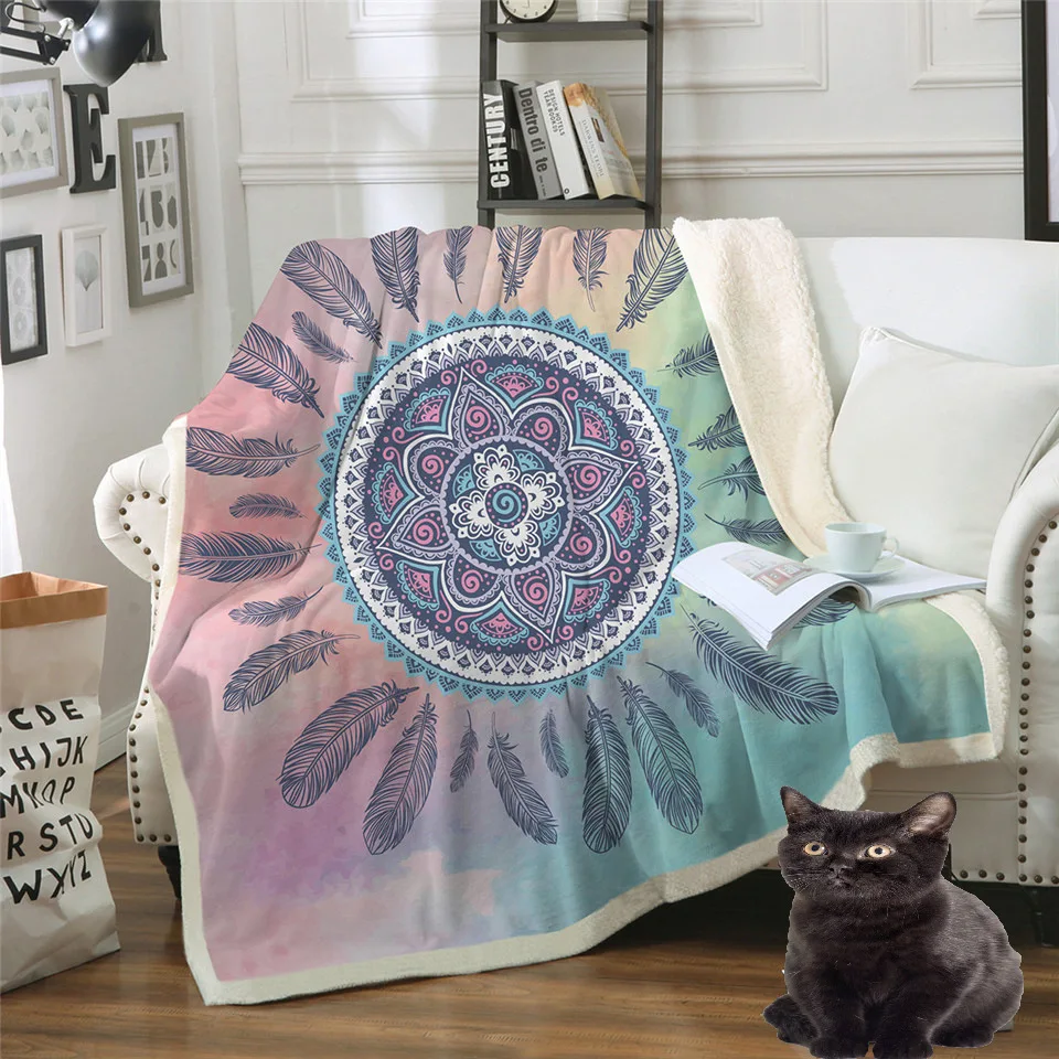 3D Printing Velvet Plush Throw Blanket Hipster Watercolor Sherpa Blanket for Couch Dreamcatcher Feathers Printed Soft Throw