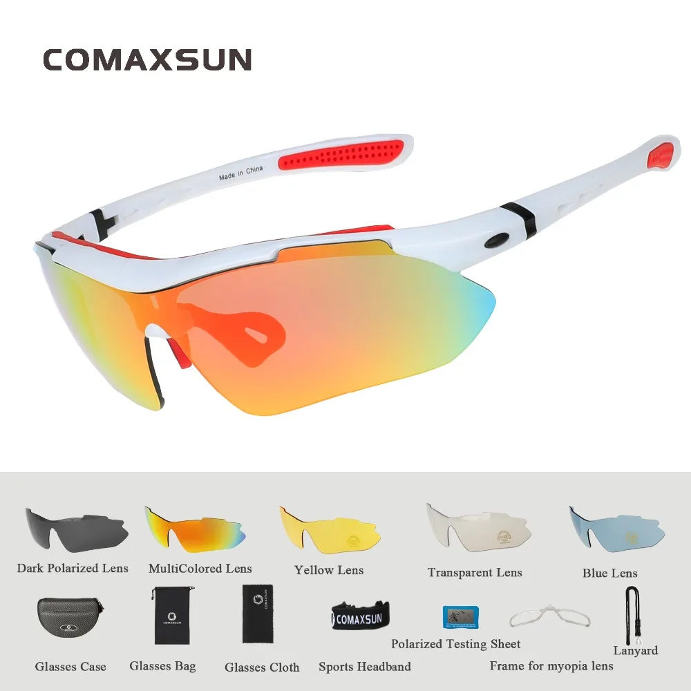 COMAXSUN — Lunettes de soleil polarisées, professionnel, sport en plein air, UV 400, avec 5 lentilles TR90