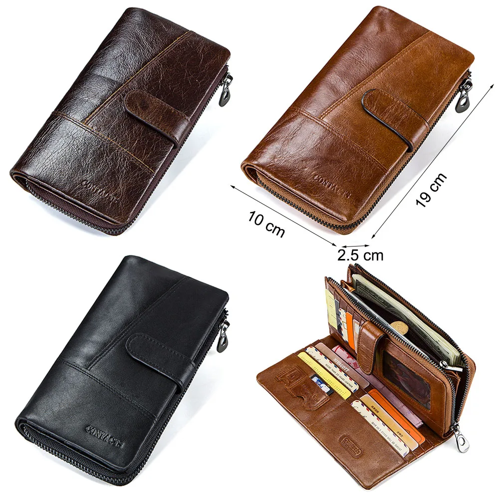 CONTACT\'S Genuine Leather Men Wallets High Quality Long Clutch Wallet Card Holder Coin Purses Phone Pockets Money Clip Men\'s Bag