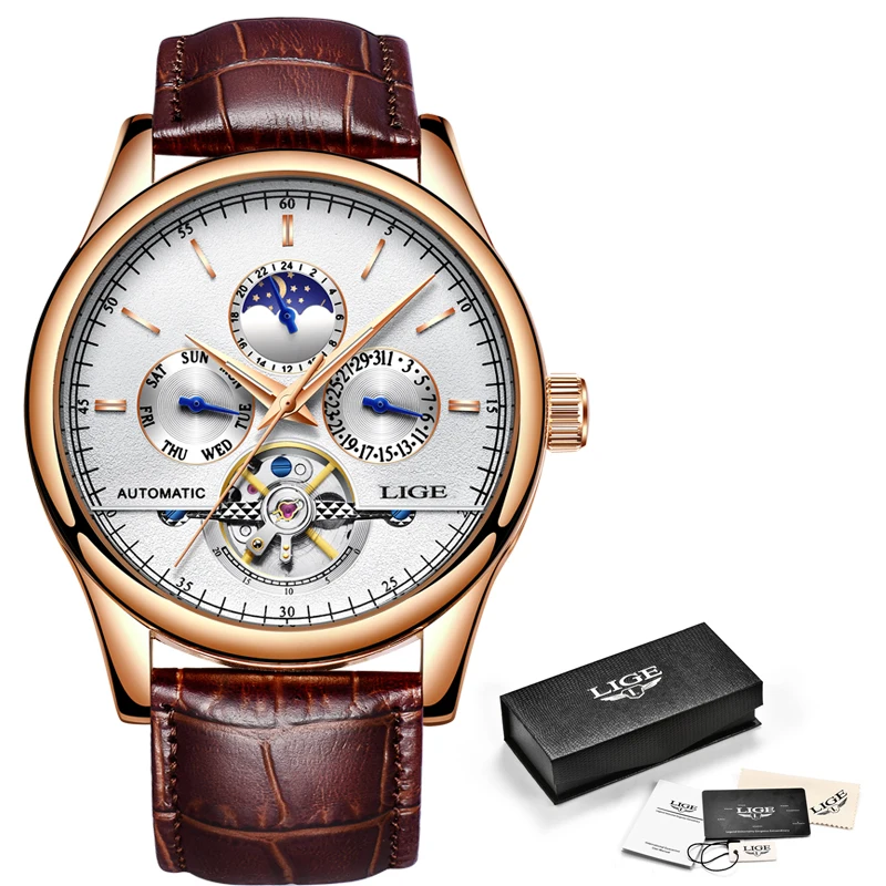 LIGE di Affari di Modo Mens Orologio Automatico In Pelle Impermeabile Della Vigilanza di Mens Meccanica Tourbillon Orologi Sportivi Relogio Masculino