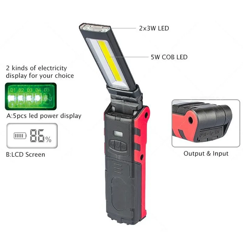 USB Rechargeable Working Light Dimmable COB LED Flashlight Inspection Lamp with Magnetic Base & Hook Outdoor Power Bank