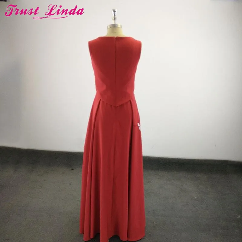 Fashion Embroidery Long Bridesmaid Dresses Red Satin Sleeveless Prom Dress