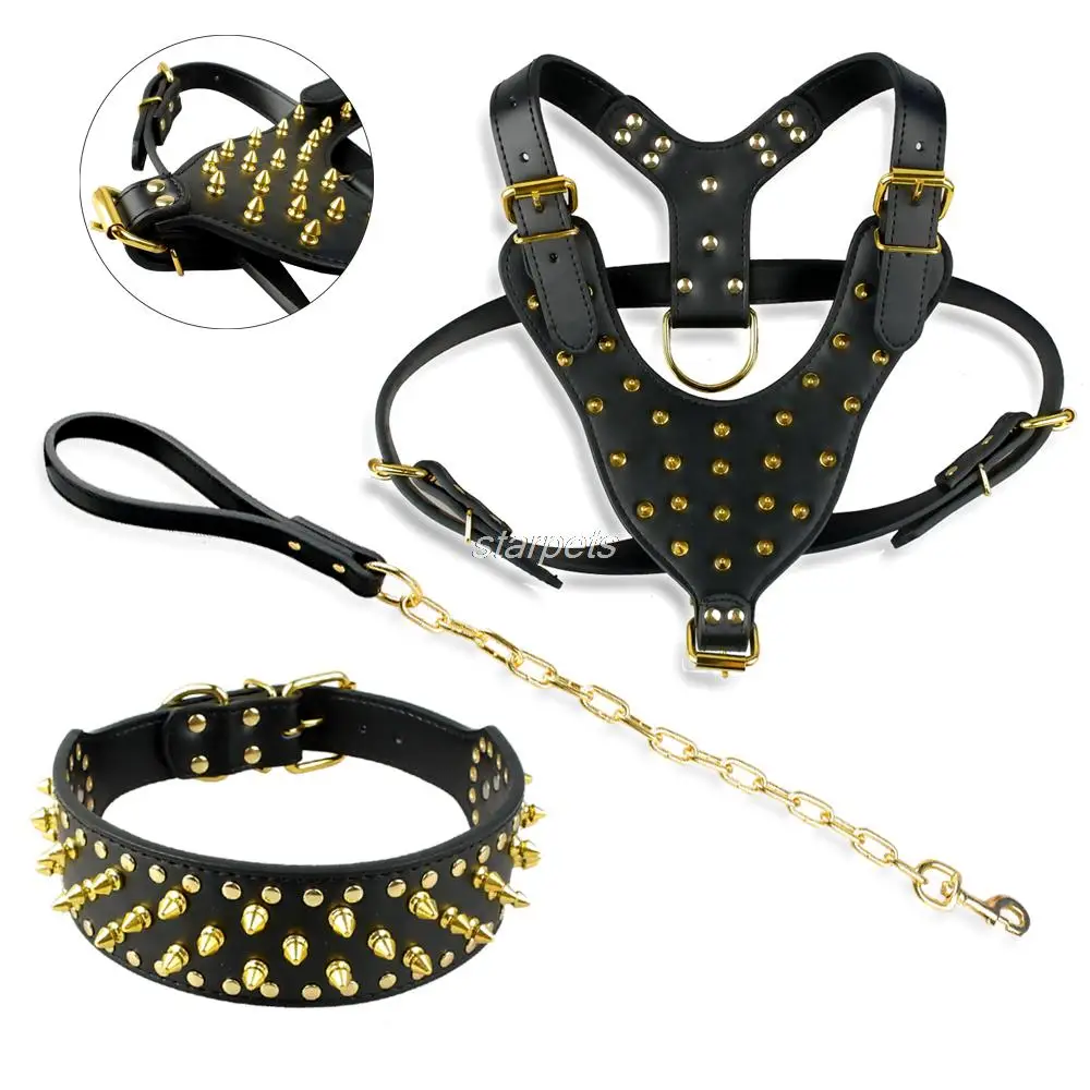 Cool Spiked Studded Leather Dog Harness Rivets Collar and Leash Set For Medium Large Dogs Pitbull Bulldog Bull Terrier  26\