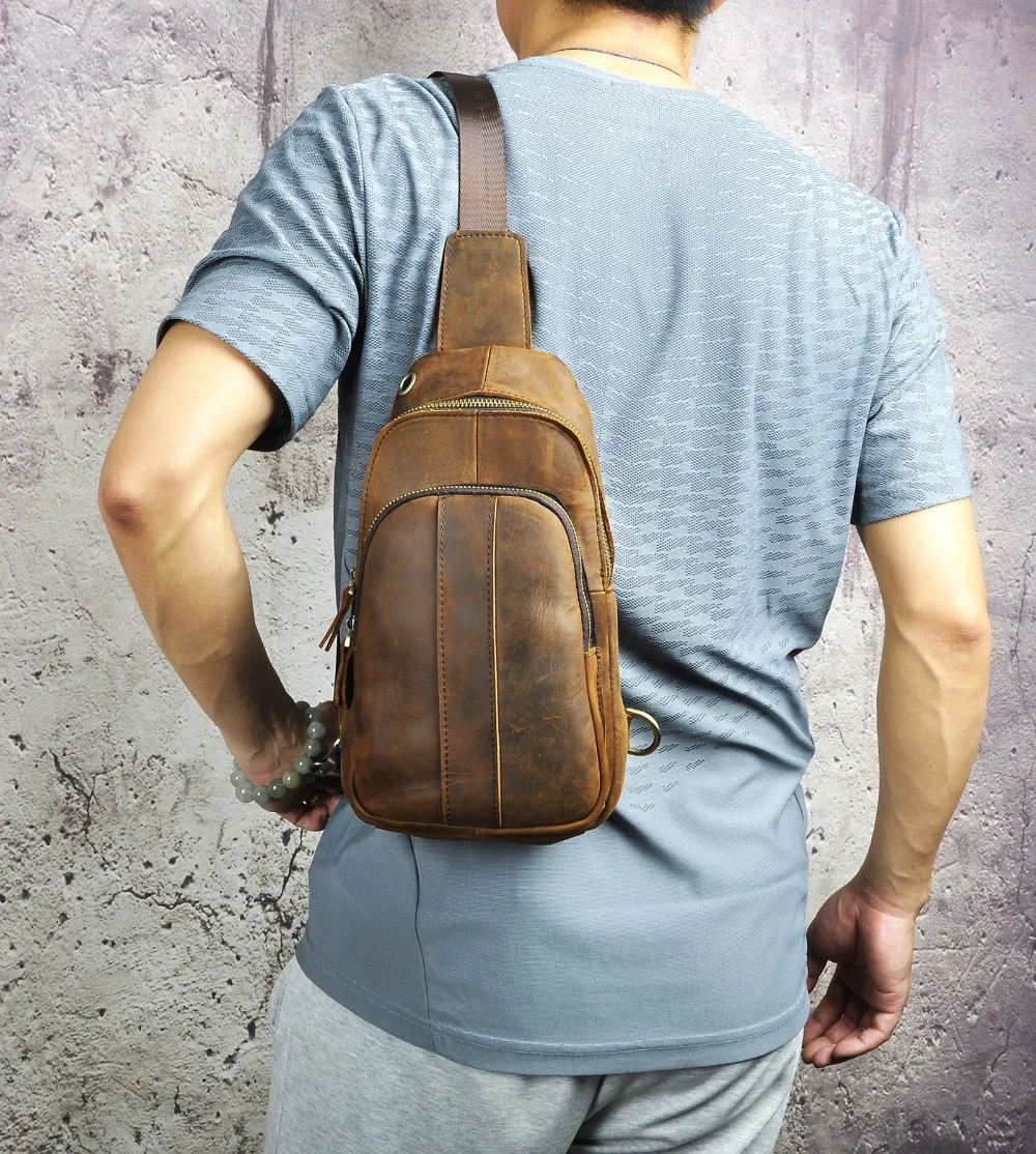 Original Leather men Casual Fashion Travel Triangle Chest Sling Bag Design 8